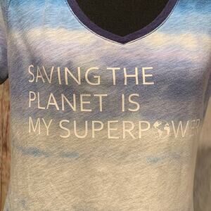 Hand Printed Upcycled Womens Medium Saving the Planet is My Superpower T-Shirt